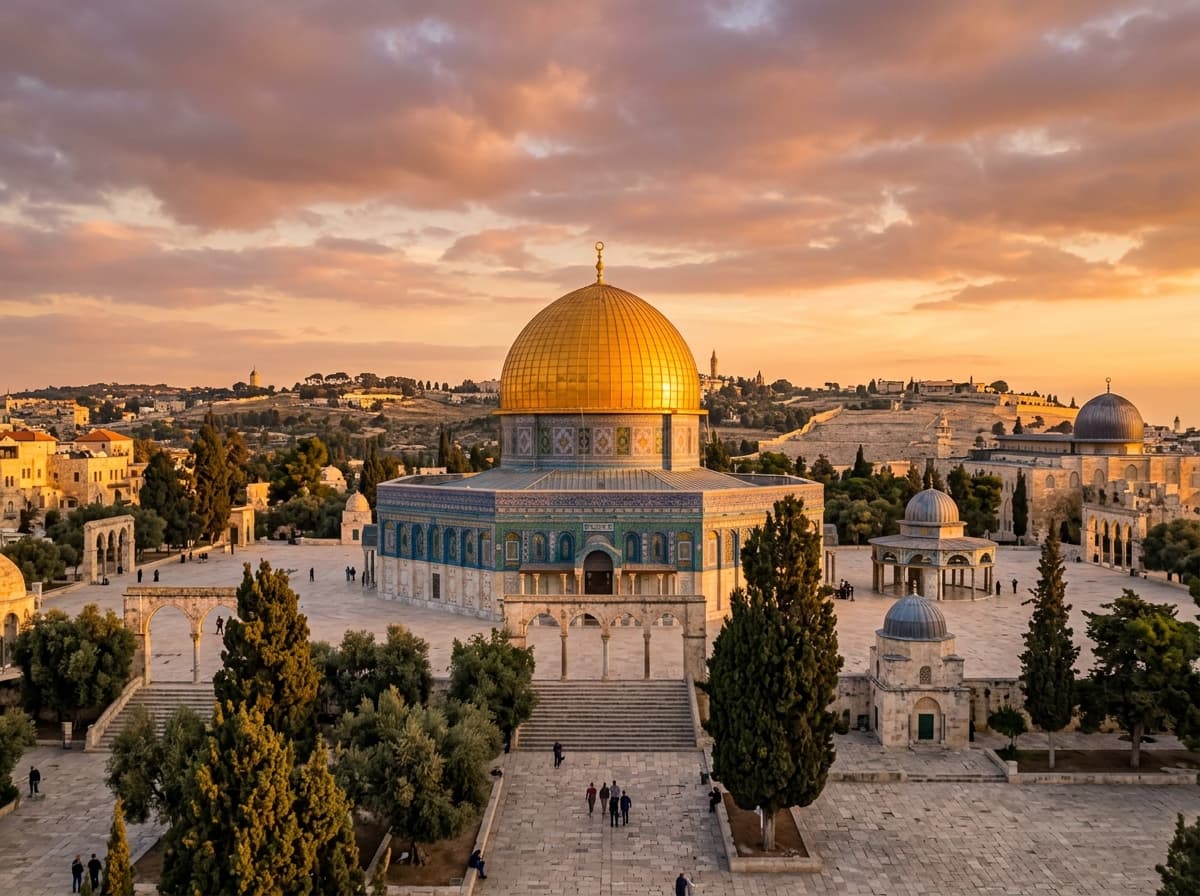 Dome of the Rock and Al-Aqsa Mosque in Jerusalem during golden hour