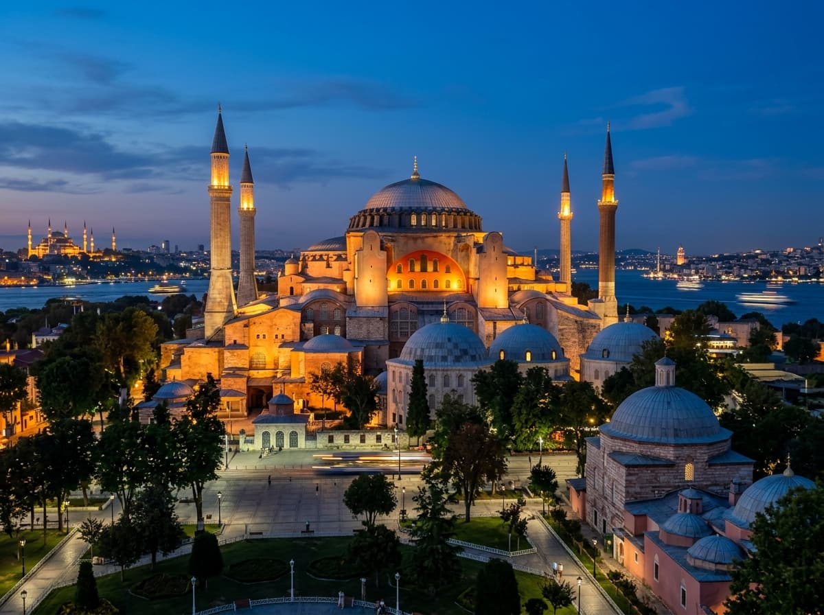 Hagia Sophia Mosque in Istanbul Turkey during dusk blue hour